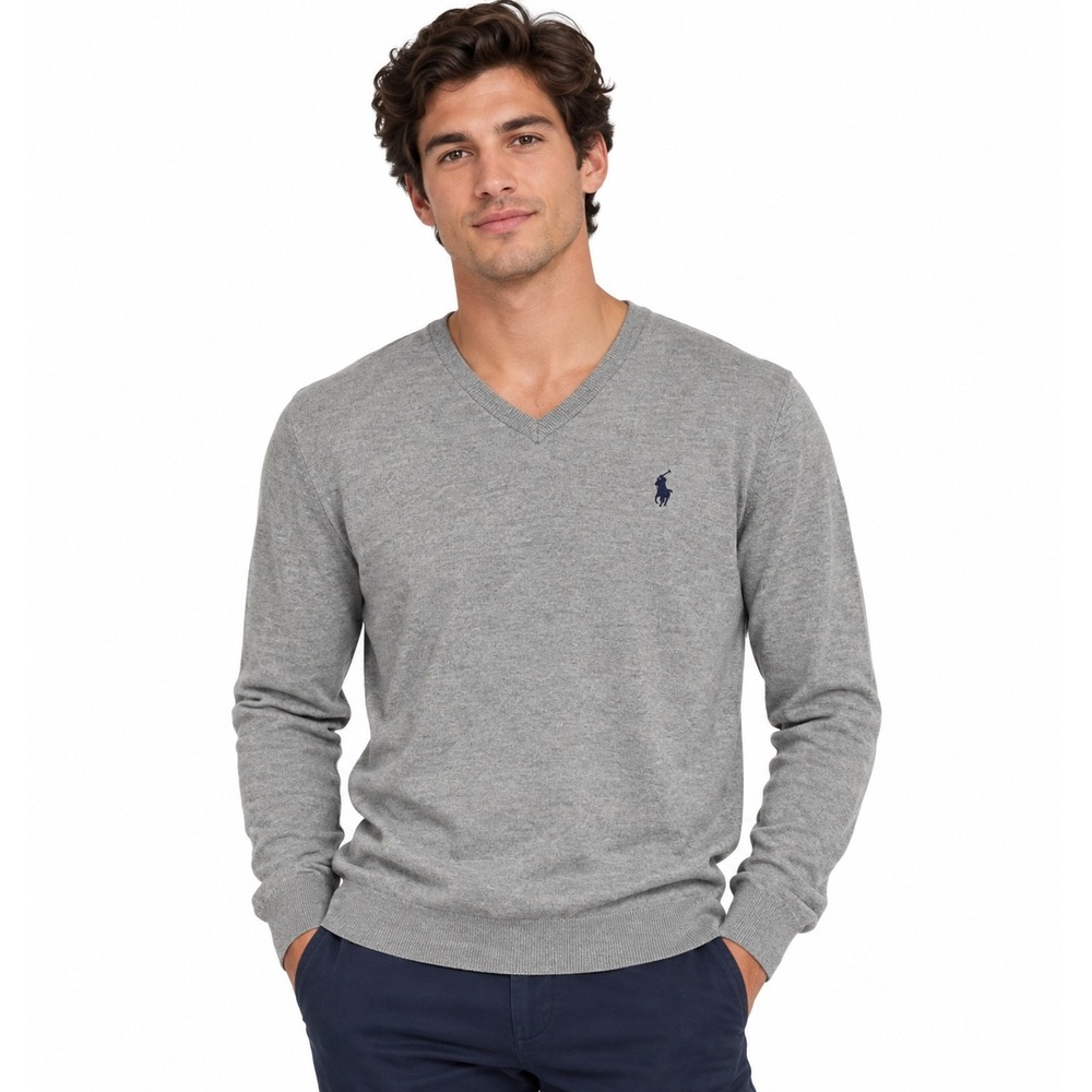Polo Ralph Lauren Mens Gray Pima Cotton V-Neck Sweater Small Navy Pony Logo